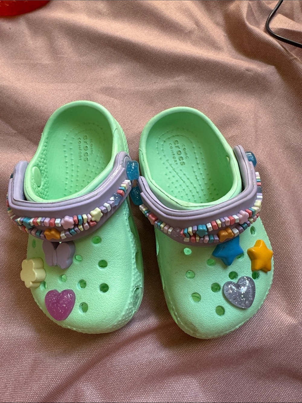 CROCS Kids Mint Green Clogs with Lavender Strap and Multicolor Charms